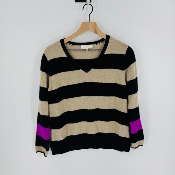 Lord & Taylor Cashmere Sweater L Black Tan Striped VNeck Purple Cuff Elbow Patch - Picture 1 of 7
